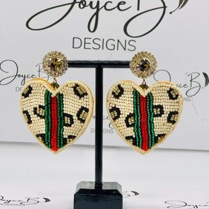 Heart Earrings with Beaded Leopard Pattern